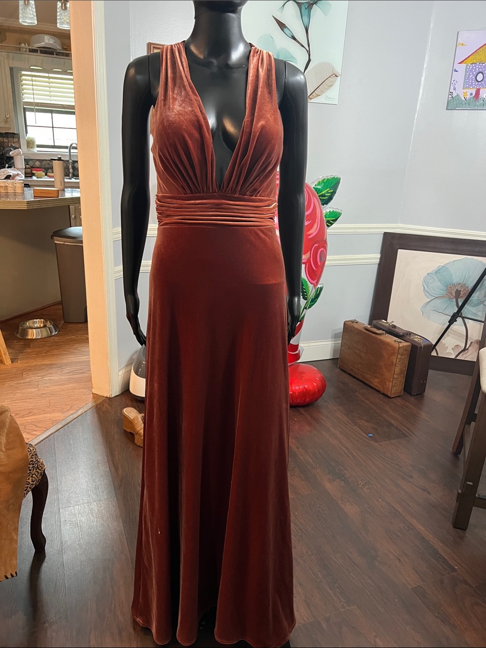 Rust Velvet V-Neck Evening Gown